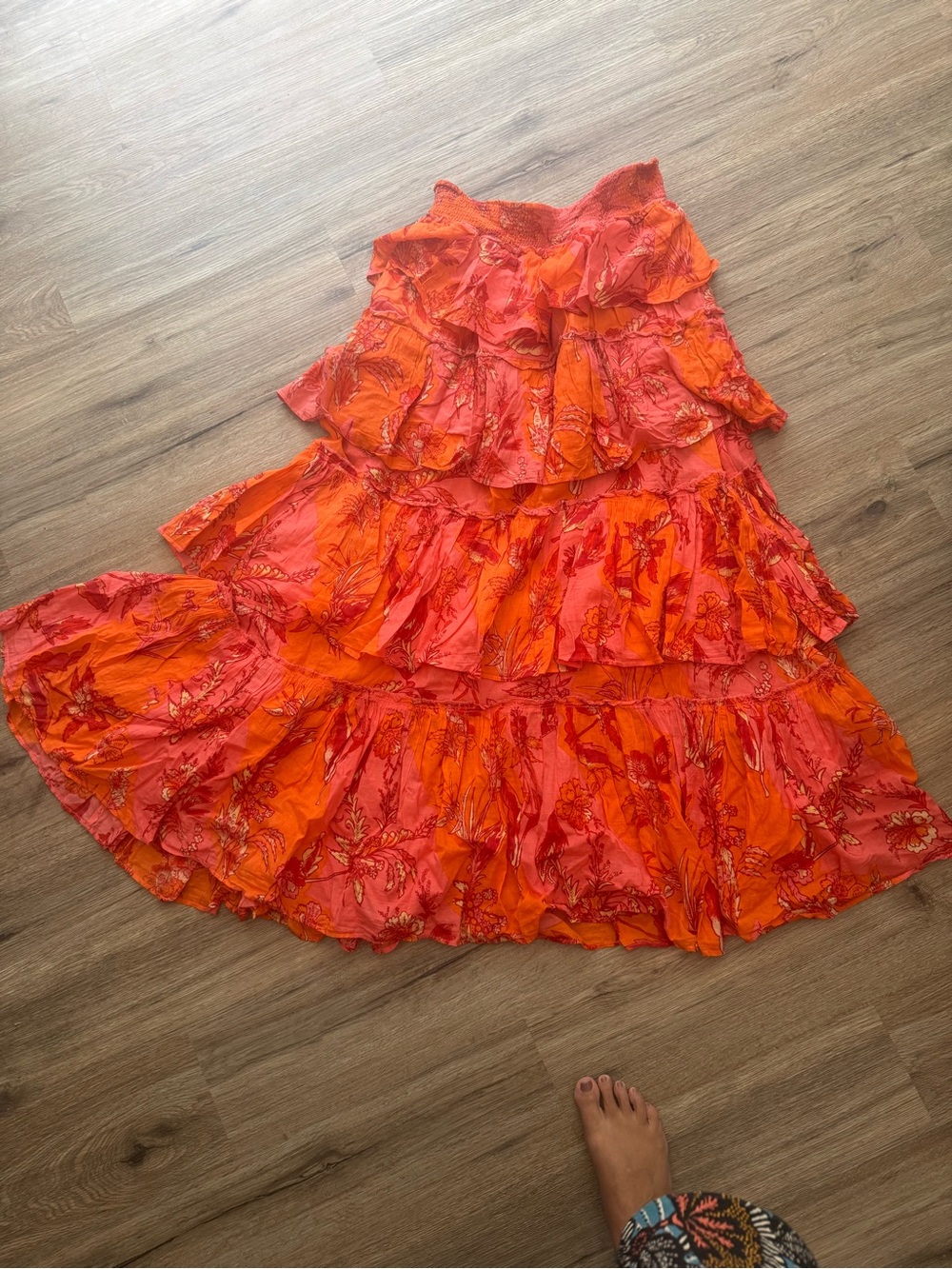 Free People Bright Orange-Red Tiered Floral Maxi Skirt